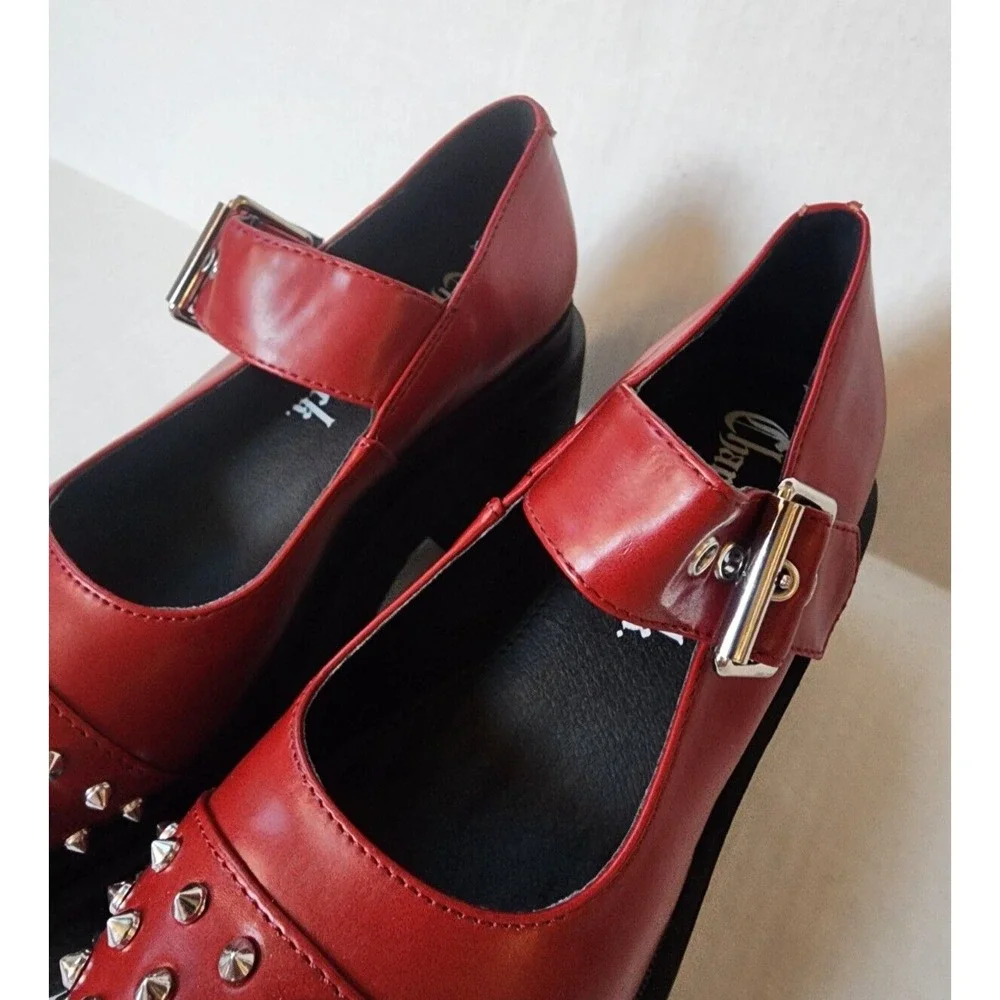 Charla Tedrick Platform Mary Janes Womens Size 6 Red Studded‎ Faux Leather Shoes